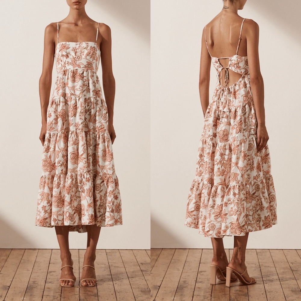 SHONA JOY Carolina Linen Open Back Tiered Midi Dress Sz 4